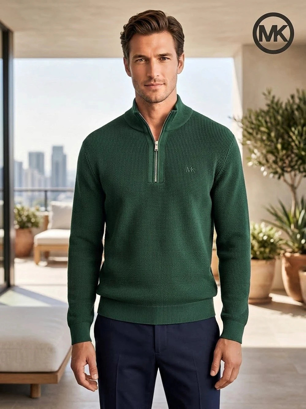 Michael Kors Forest Green Quarter-Zip Mock Neck Knit Sweater XL
